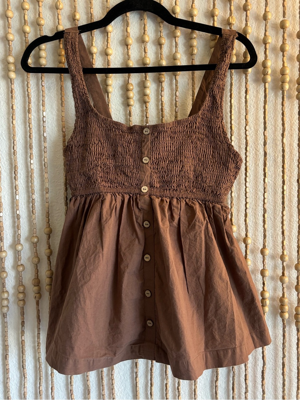 Blanque Brown Smocked Button-Front Brown Babydoll Boho Fairy Stretchy Tank Top
